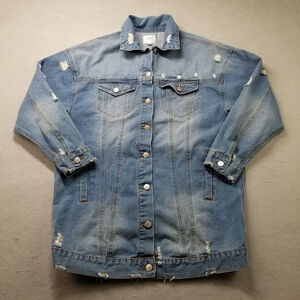 Active USA Denim Jean Jacket Size L Blue Distressed Look Long Cotton
